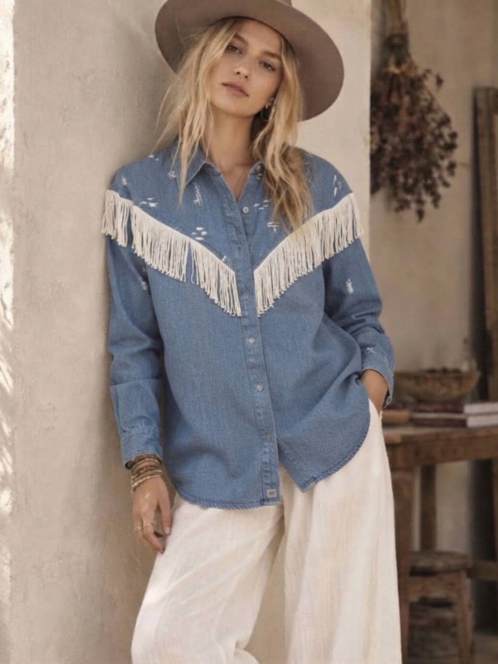 Vintage H bar C 1950s Denim Fringe Button Down Shirt Small Womens Blue Western